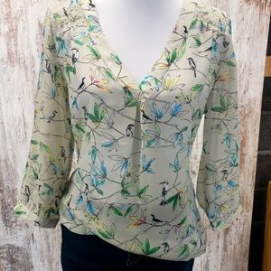 The Limited V Neck Sheer Bird Print Top Blouse